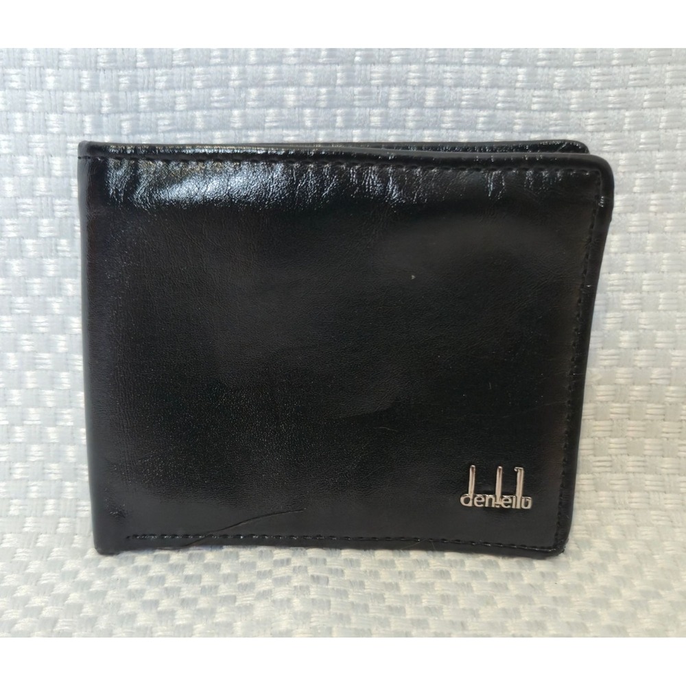 Denlill Mens Black Faux Leather Bi-Fold Wallet Minimalist Metal Logo Design